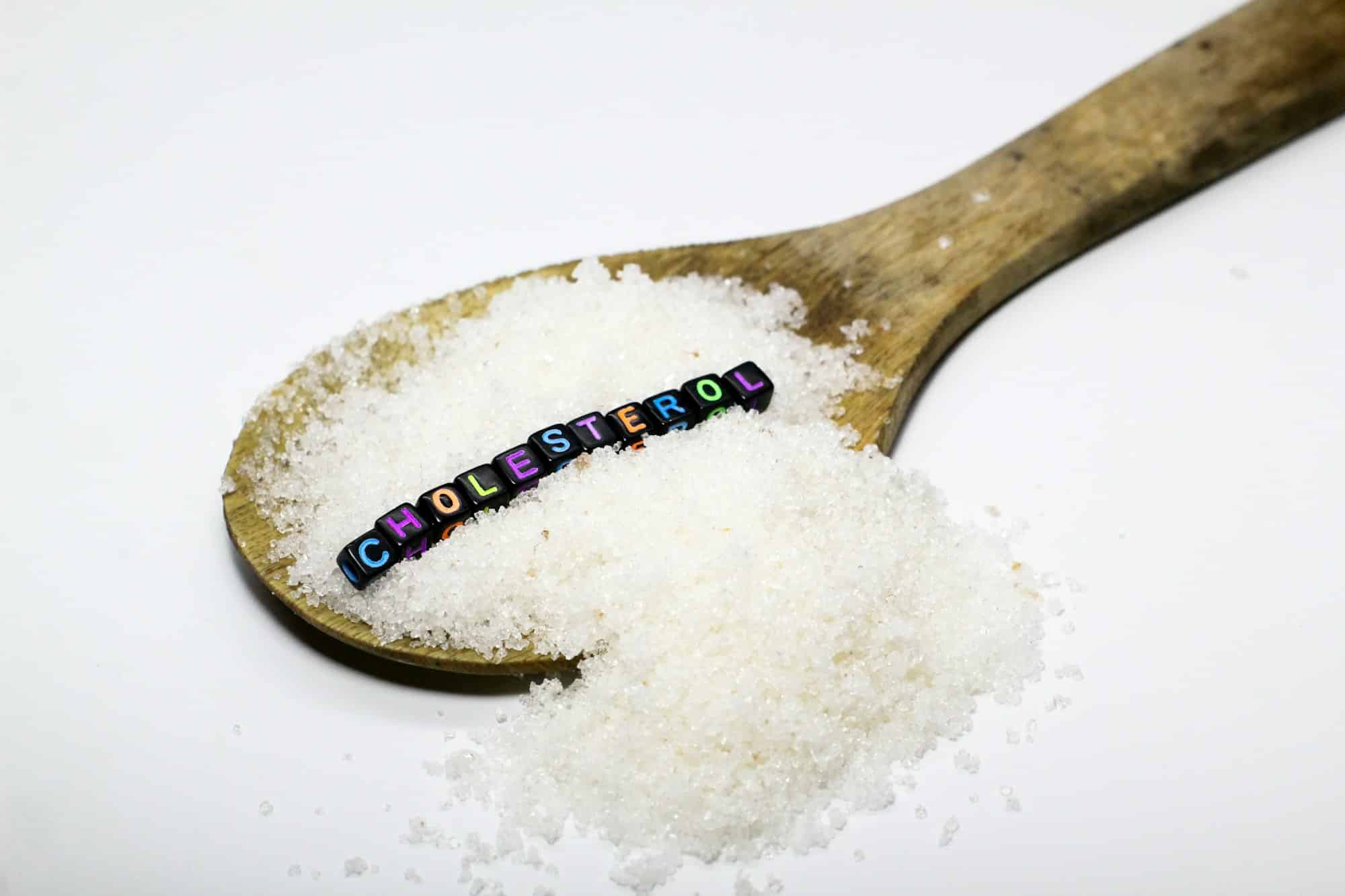 sugar in a puff with the word cholesterol.
