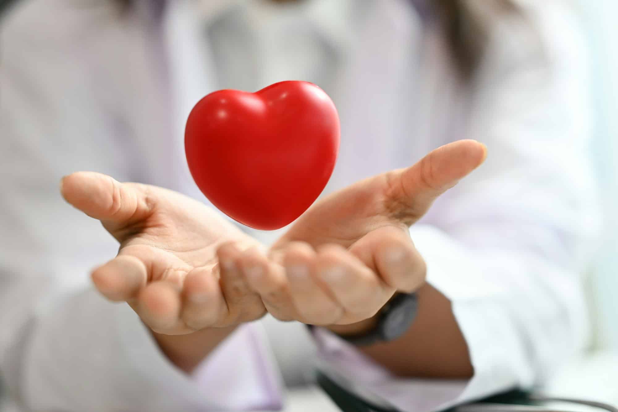 Red heart floating over opened hands. Health care, cardiological, medical and charity concept